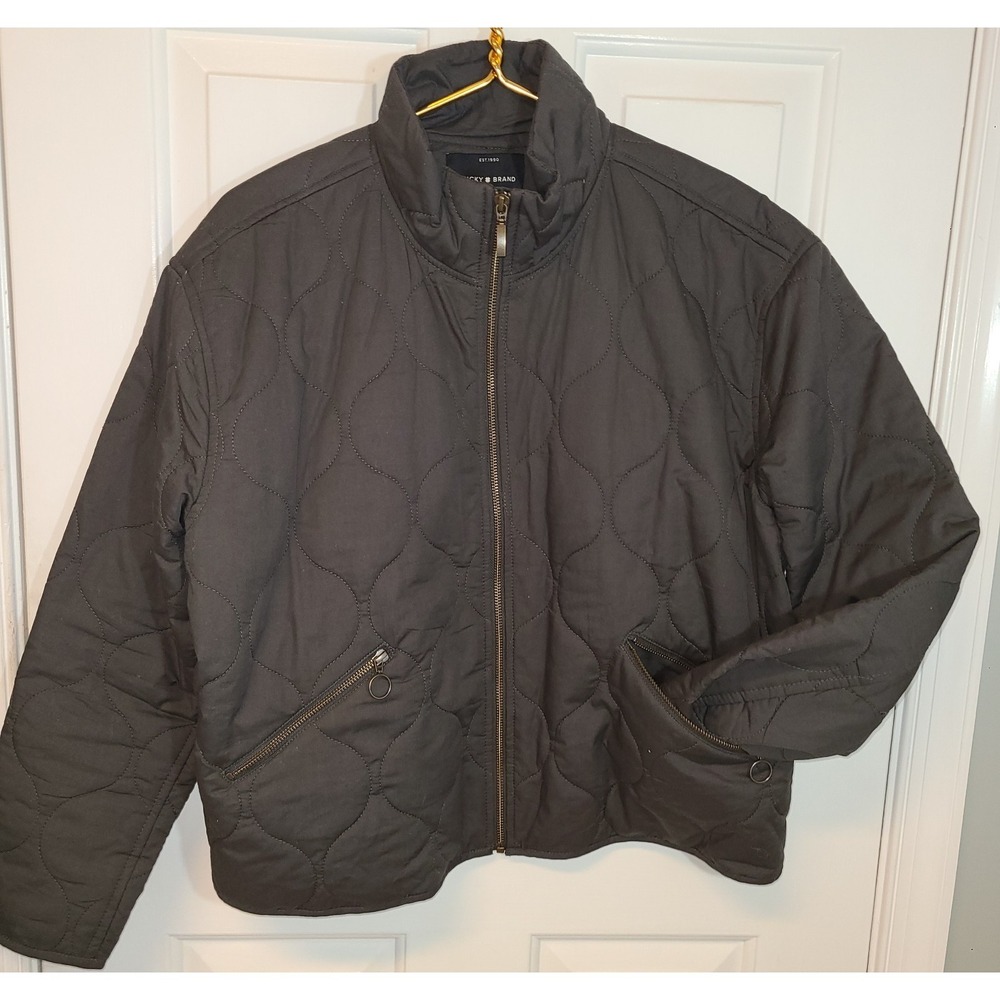 Lucky Brand Womens Large Charcoal Down‎ Puffer Full Zip Jacket Zipper Pockets